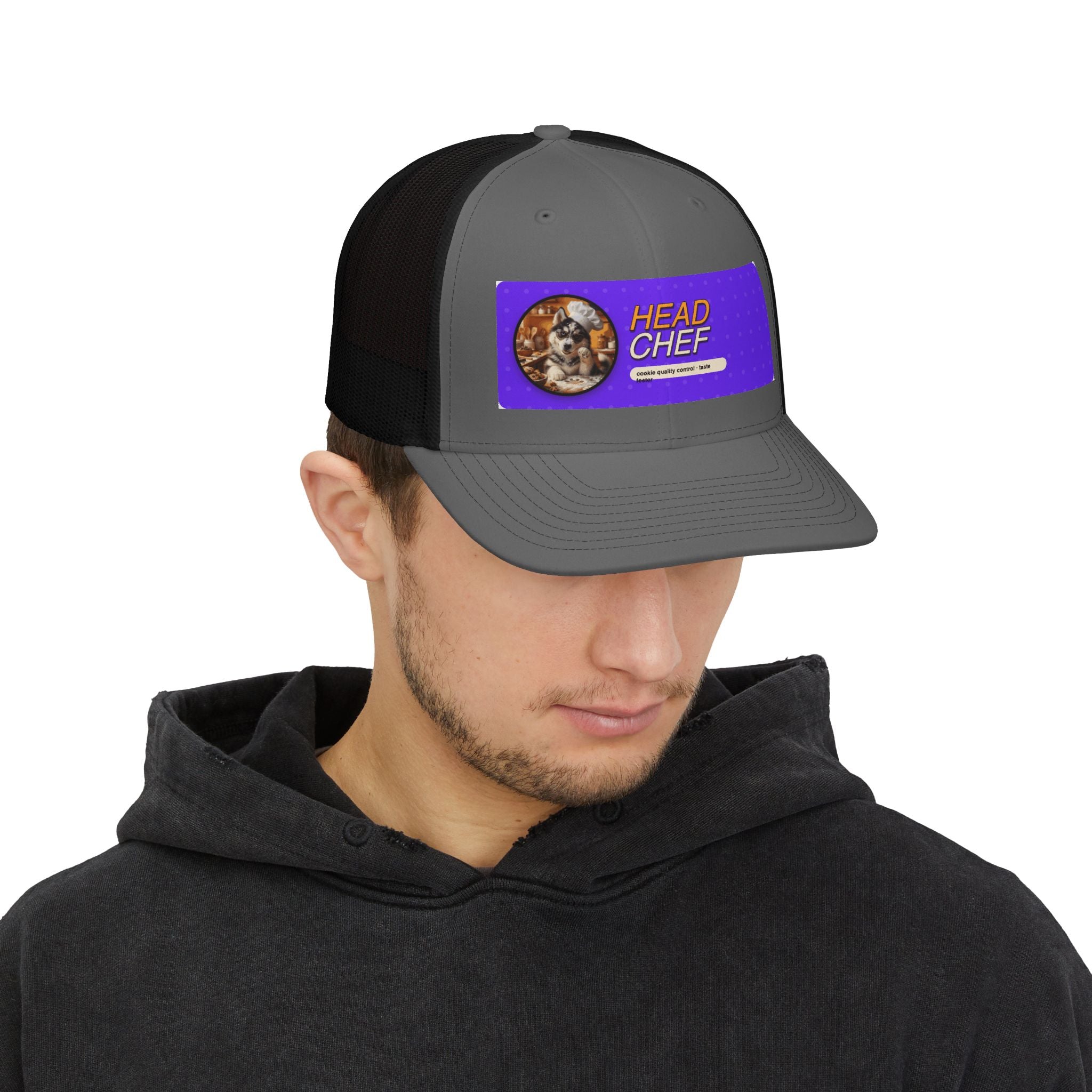 Head Chef Snapback Trucker Cap — Fun Chef Hat with Cat Portrait